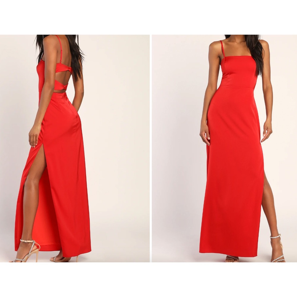 Lulus dress gown size 10 Red Sultry Satin Backless Maxi prom side slit  New - Q8